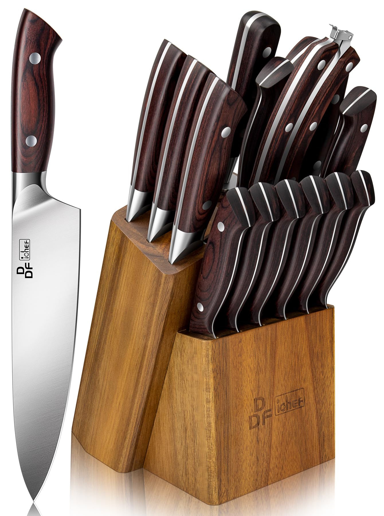 DDF iohEF 16-piece knife set with block for organized, space-saving kitchen storage.