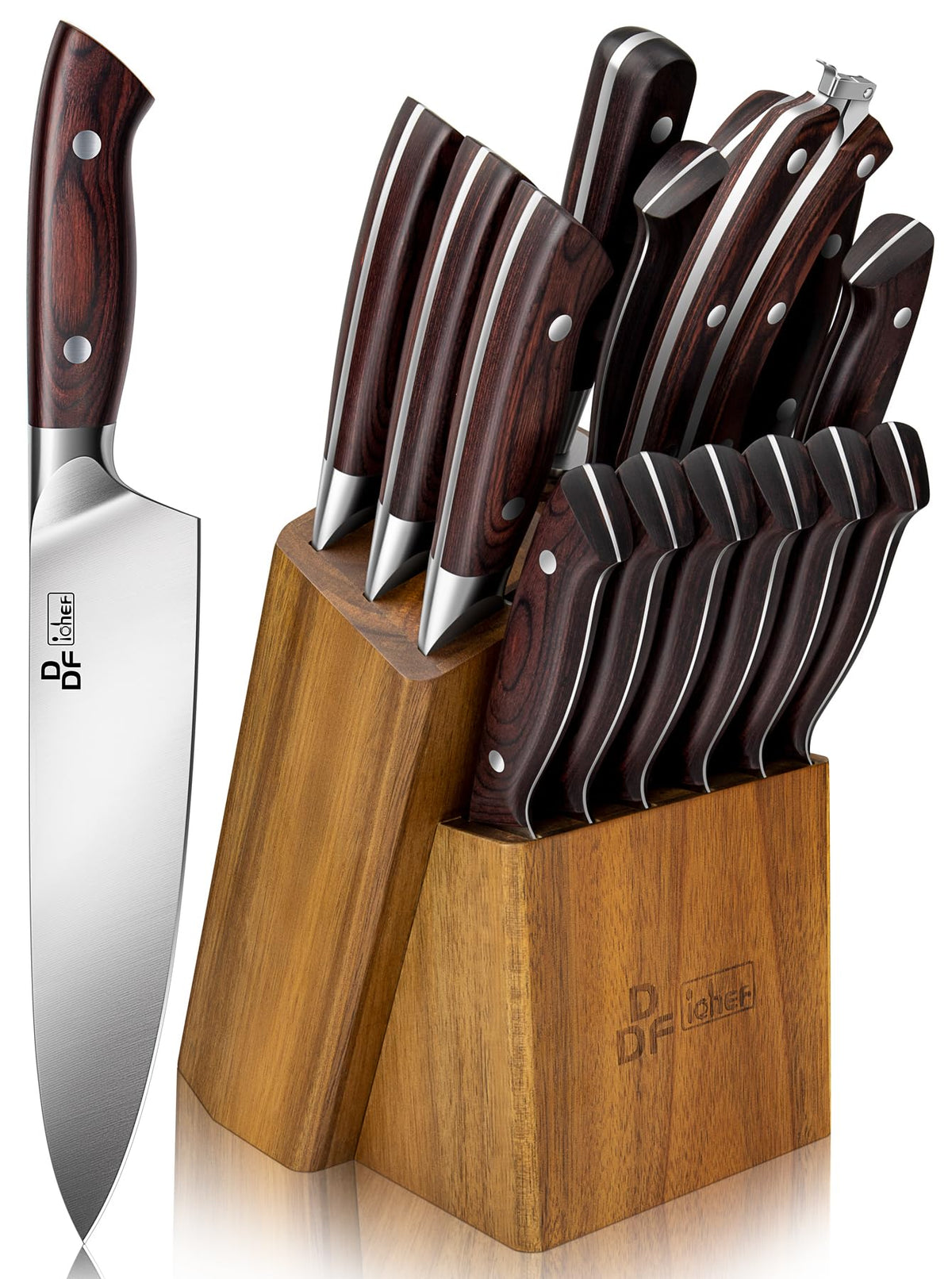 DDF iohEF 16-piece knife set with block for organized, space-saving kitchen storage.
