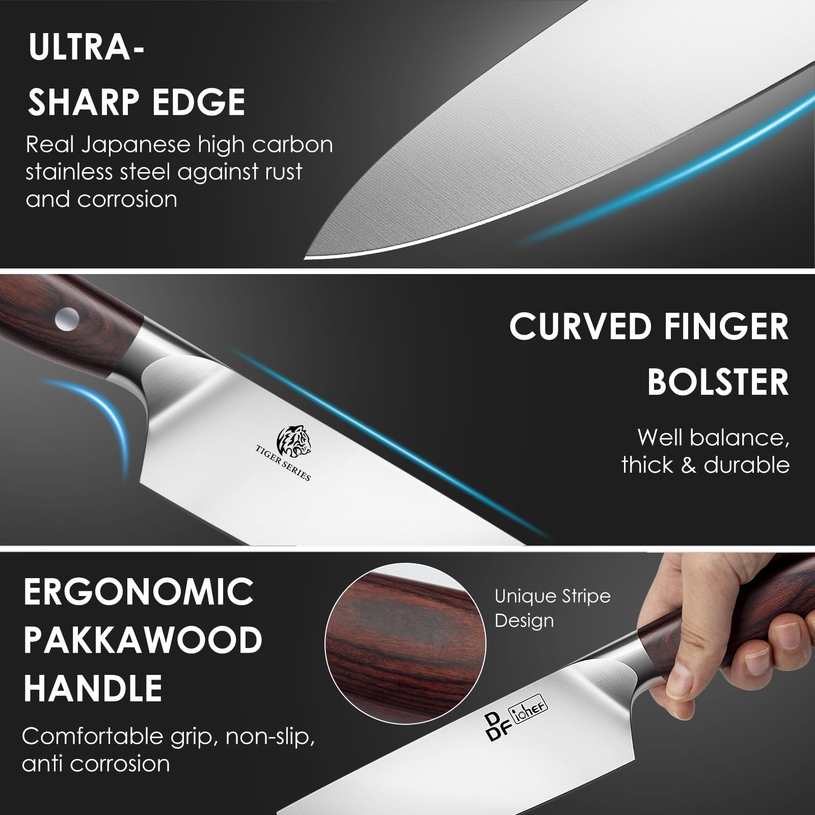 DDF iohEF 7-inch Santoku knife showing balanced grip for effortless chopping.