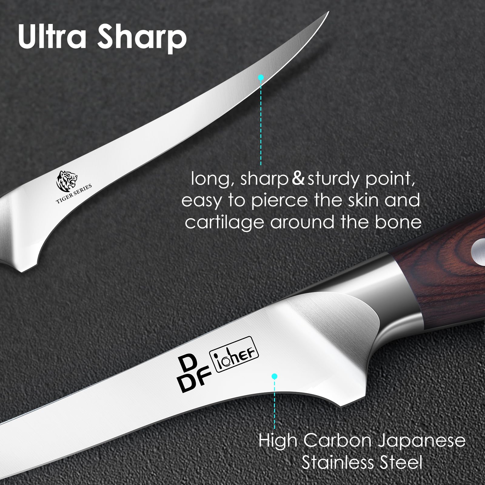 DDF iohEF boning knife with high-carbon steel for durable cuts.