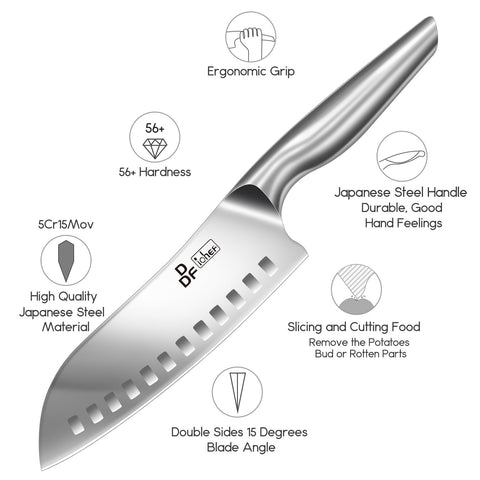 Close-up shows chef, santoku, and nakiri blades for versatile chopping