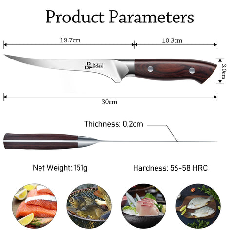 DDF iohEF fillet knife flat edge close-up highlights precise slicing.