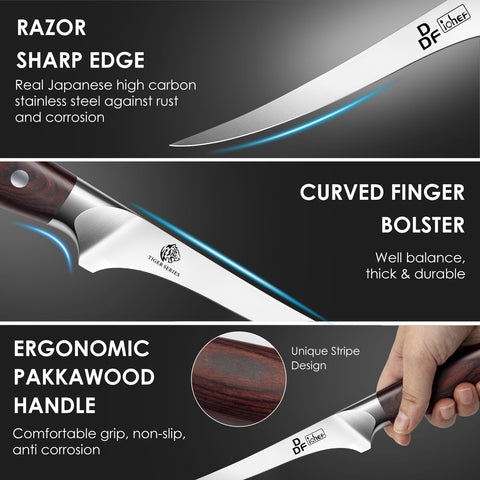 DDF iohEF fillet knife pakkawood handle offers ergonomic grip.