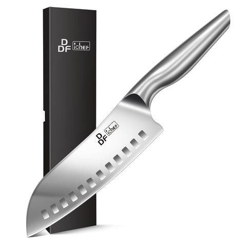 DDF iohEF 7-inch santoku knife top view for precise vegetable slicing