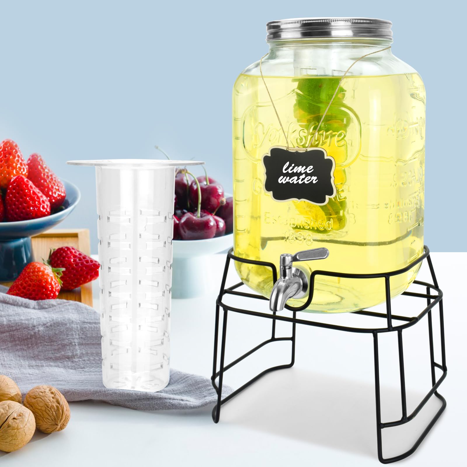 DD&HAPP 2-gallon glass dispenser on a sturdy stand for easy, mess-free serving.