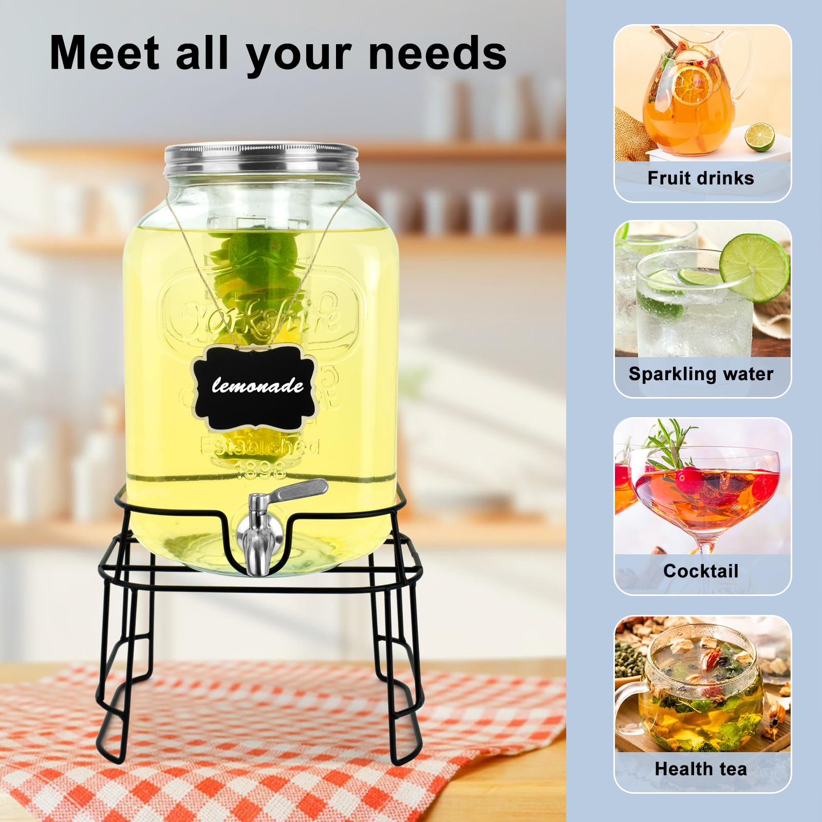 DD&HAPP lemonade in a clear glass dispenser showcases vibrant colors for parties.