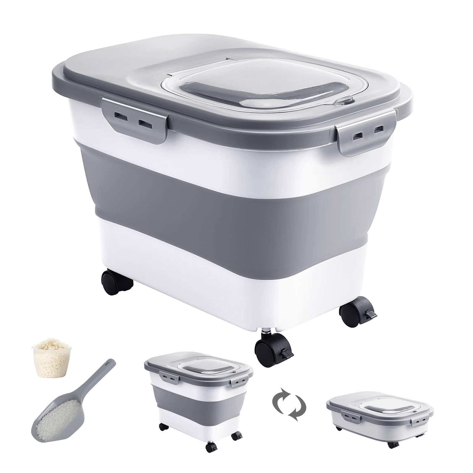 DDMOMMY rice storage container with rolling wheels for easy transport and moisture protection.