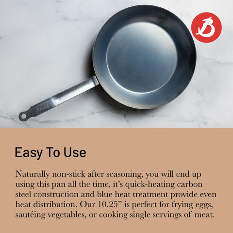 De Buyer fry pan shown in an oven safe setup for versatile cooking.