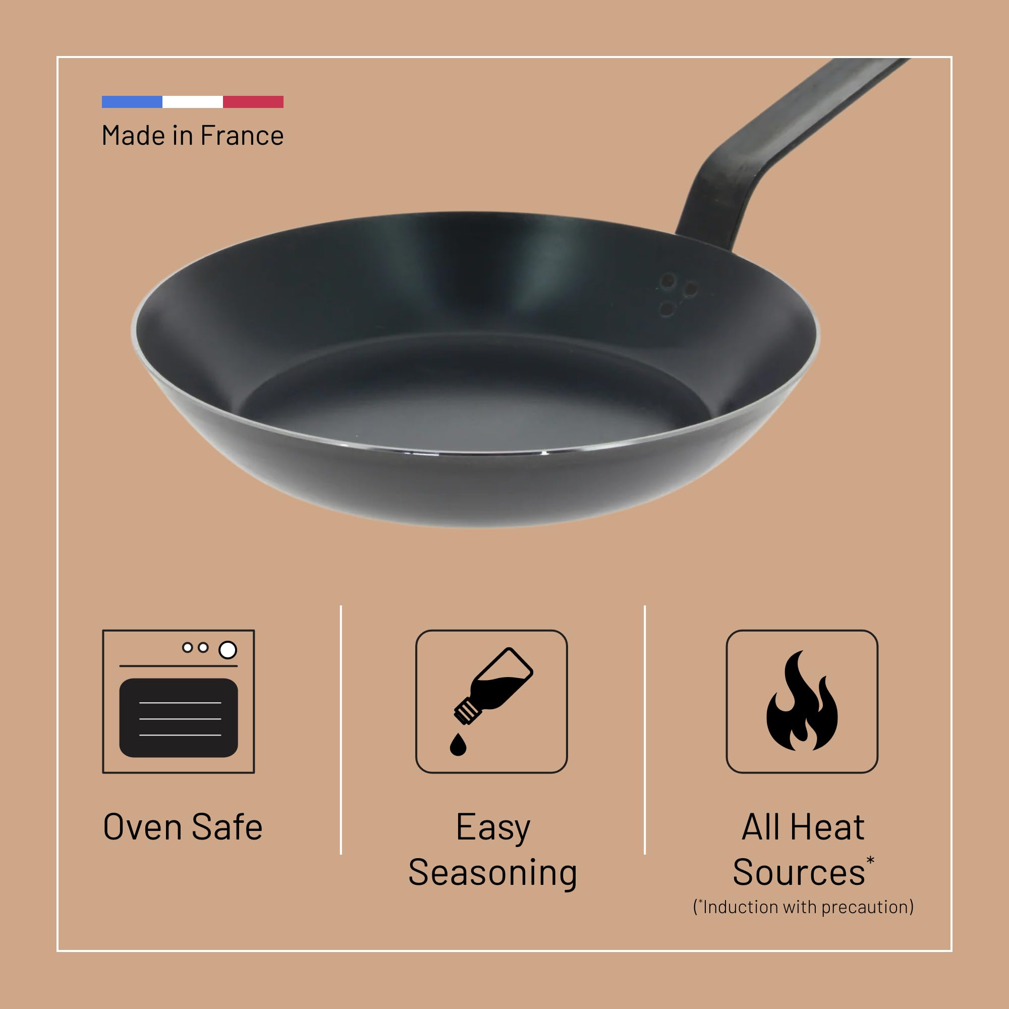 De Buyer blue carbon steel fry pan searing steak for even browning.
