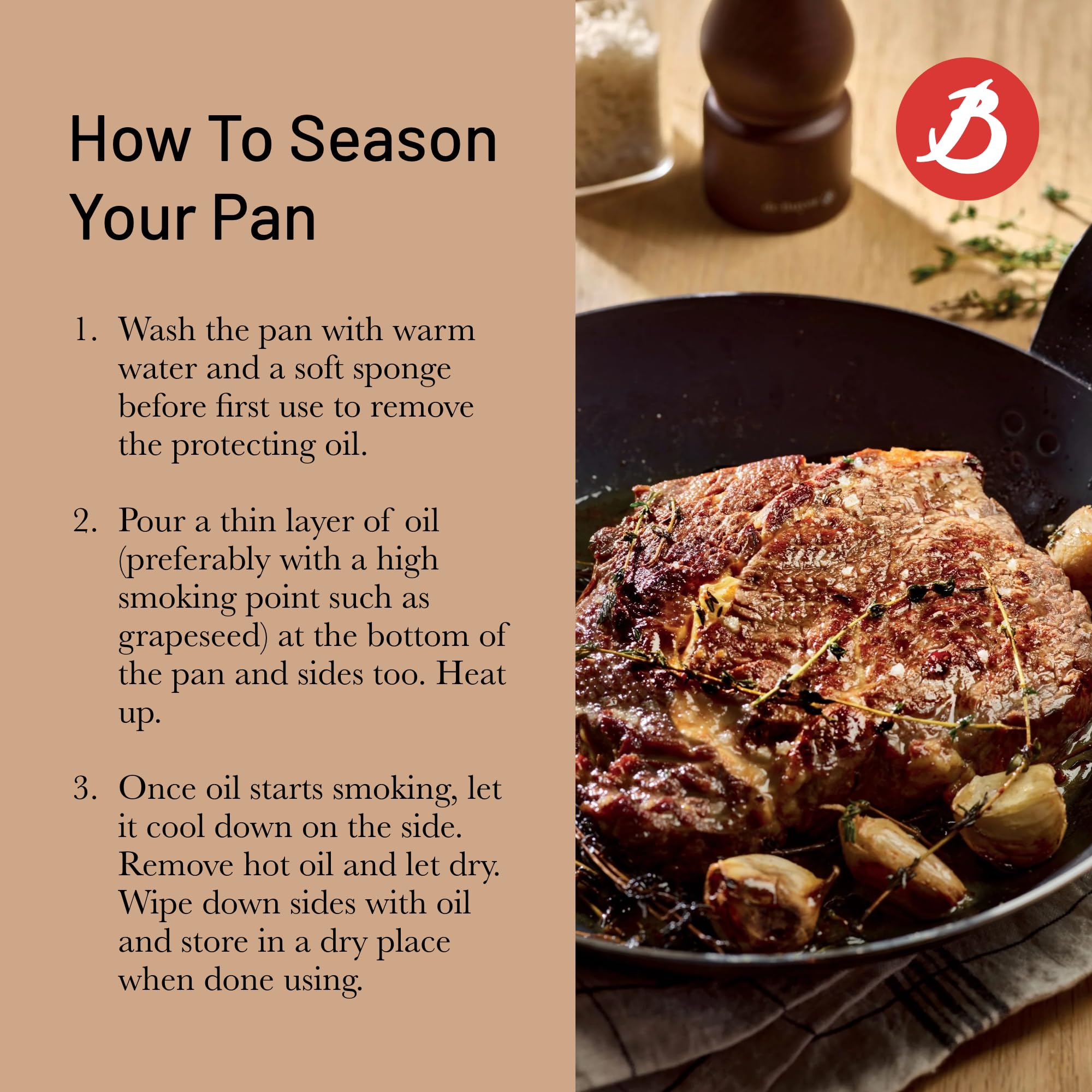 Seasoning process of De Buyer blue carbon steel fry pan for natural non-stick.
