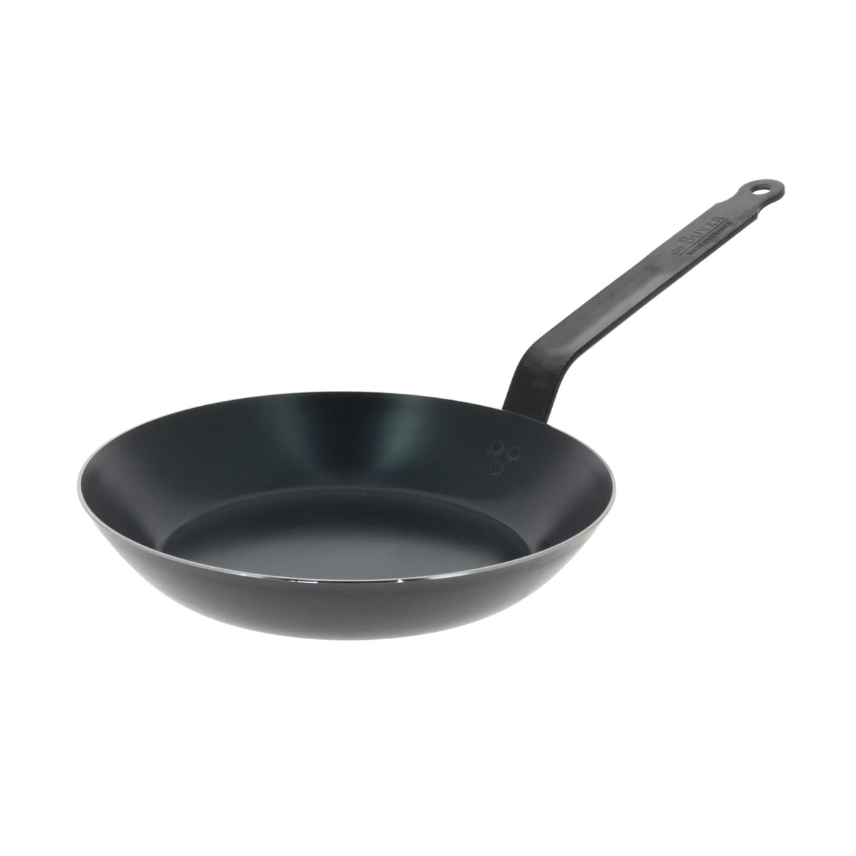 De Buyer blue carbon steel fry pan top view showing even heat and balance.
