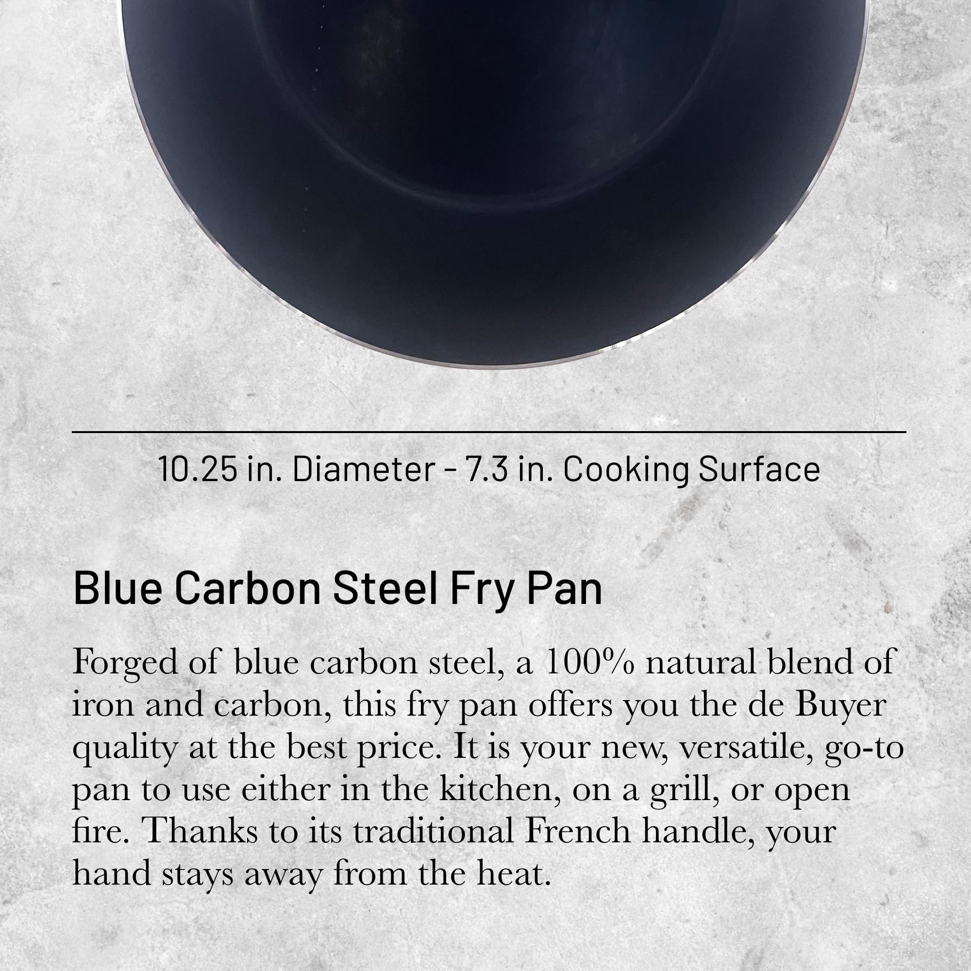 Close-up of the welded handle on De Buyer fry pan for secure grip.