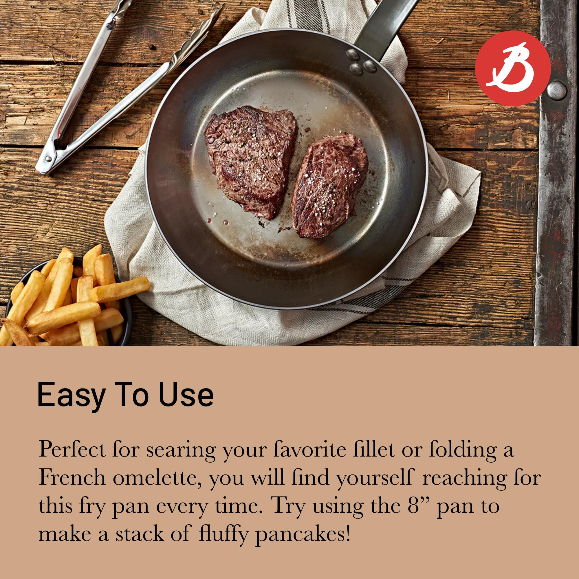 De Buyer Mineral B frying pan shows naturally seasoned surface for everyday cooking.