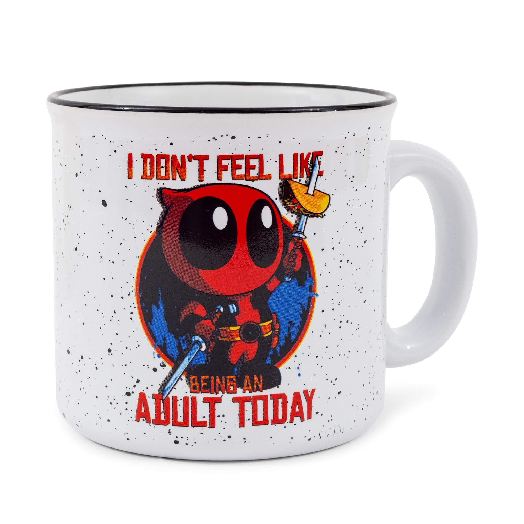 Deadpool mug front view with chibi art for morning coffee