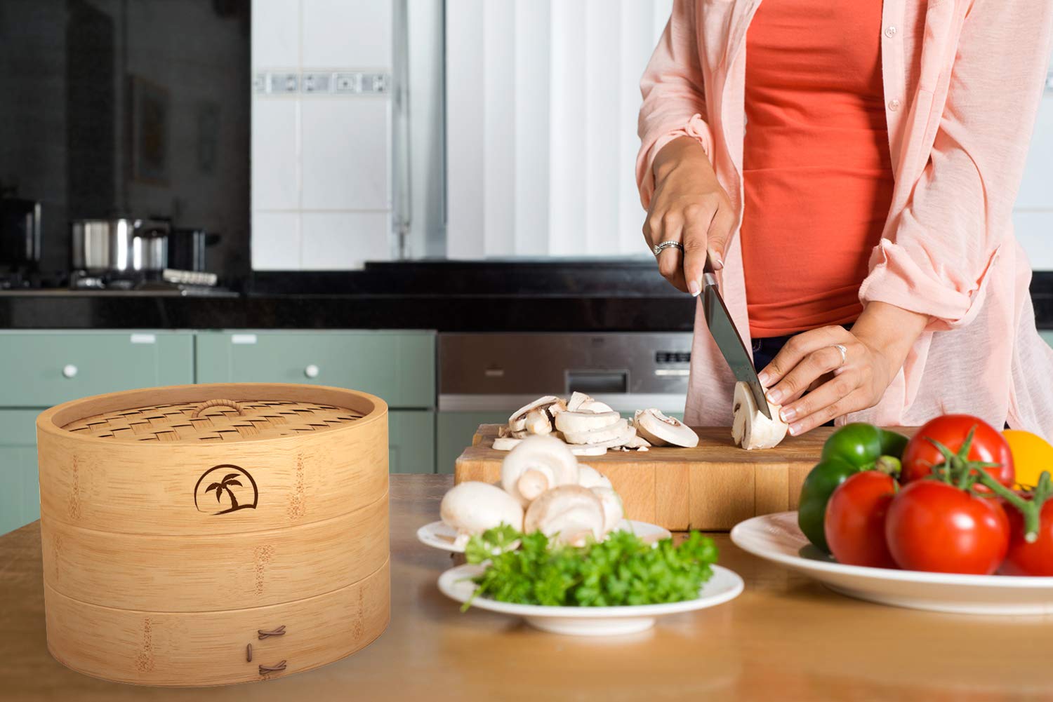 DealZNDealZ bamboo steamer side view showing stacked tiers