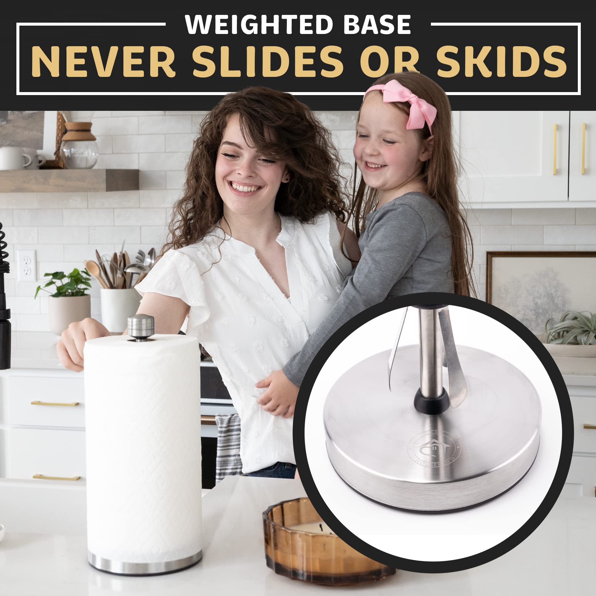 Dear Household paper towel dispenser on a kitchen counter in silver, adding modern style