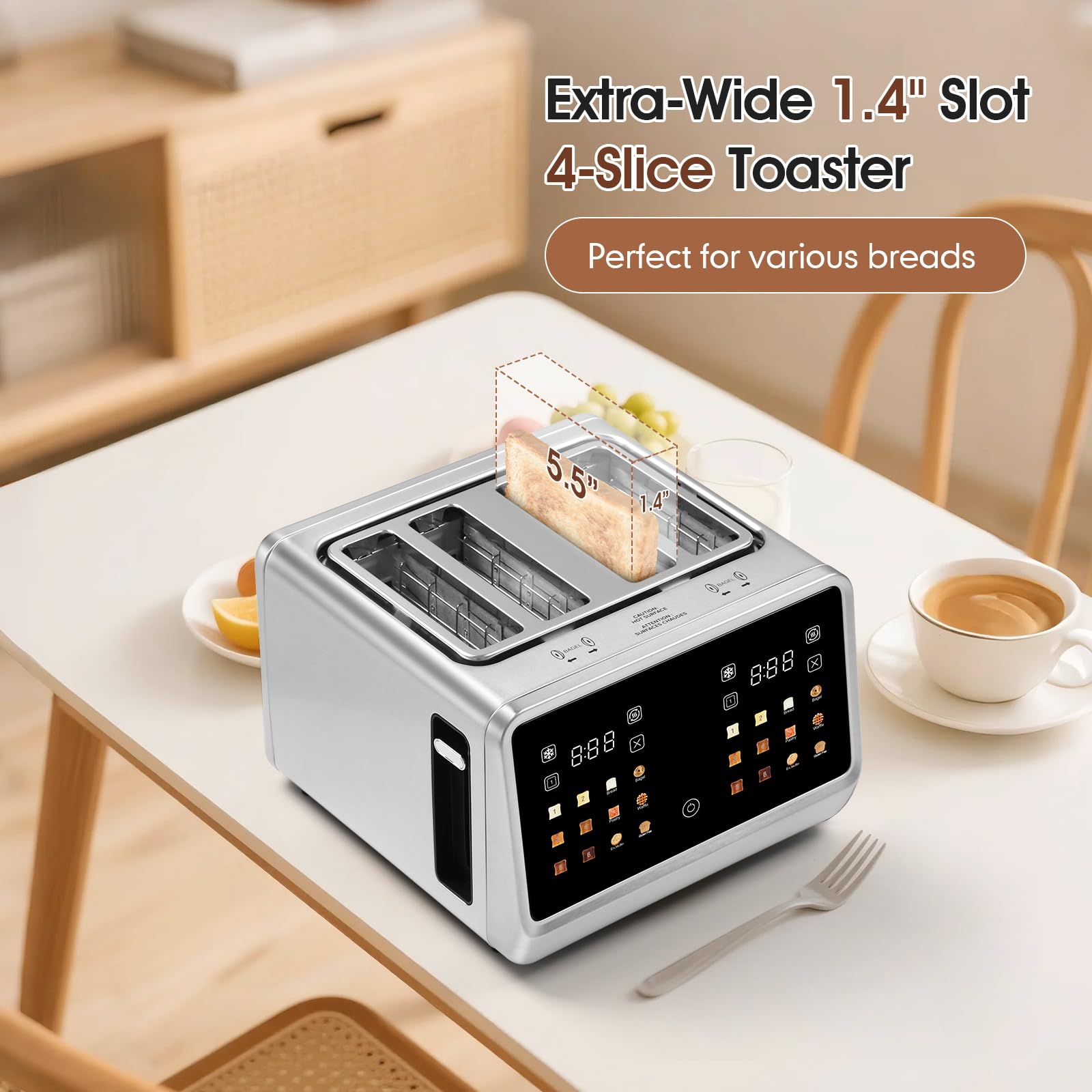 Dear Morning 4-Slice Toaster dual-zone control serves different browning preferences at once.