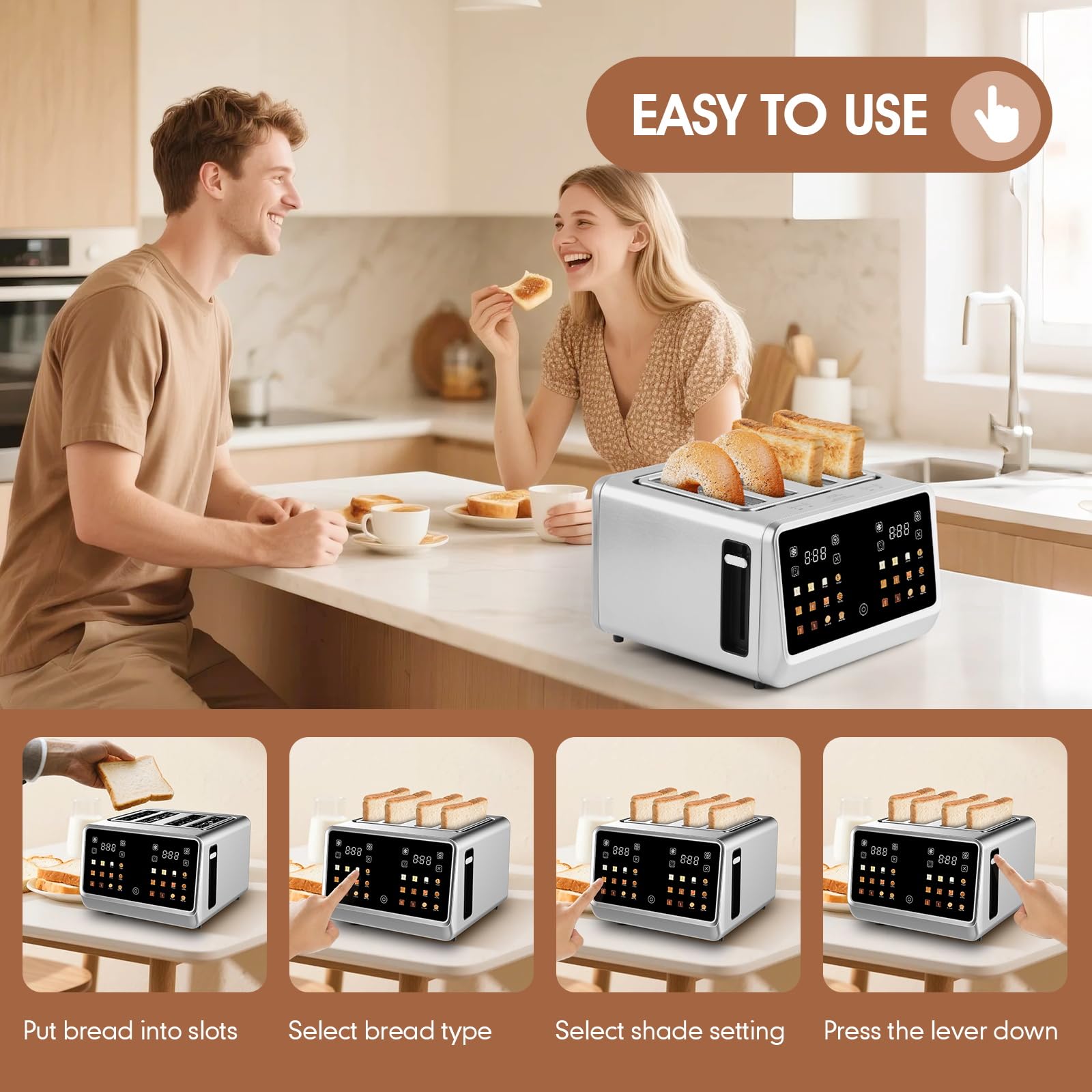Dear Morning 4-Slice Toaster ErgOView display features large icons for family-friendly operation.