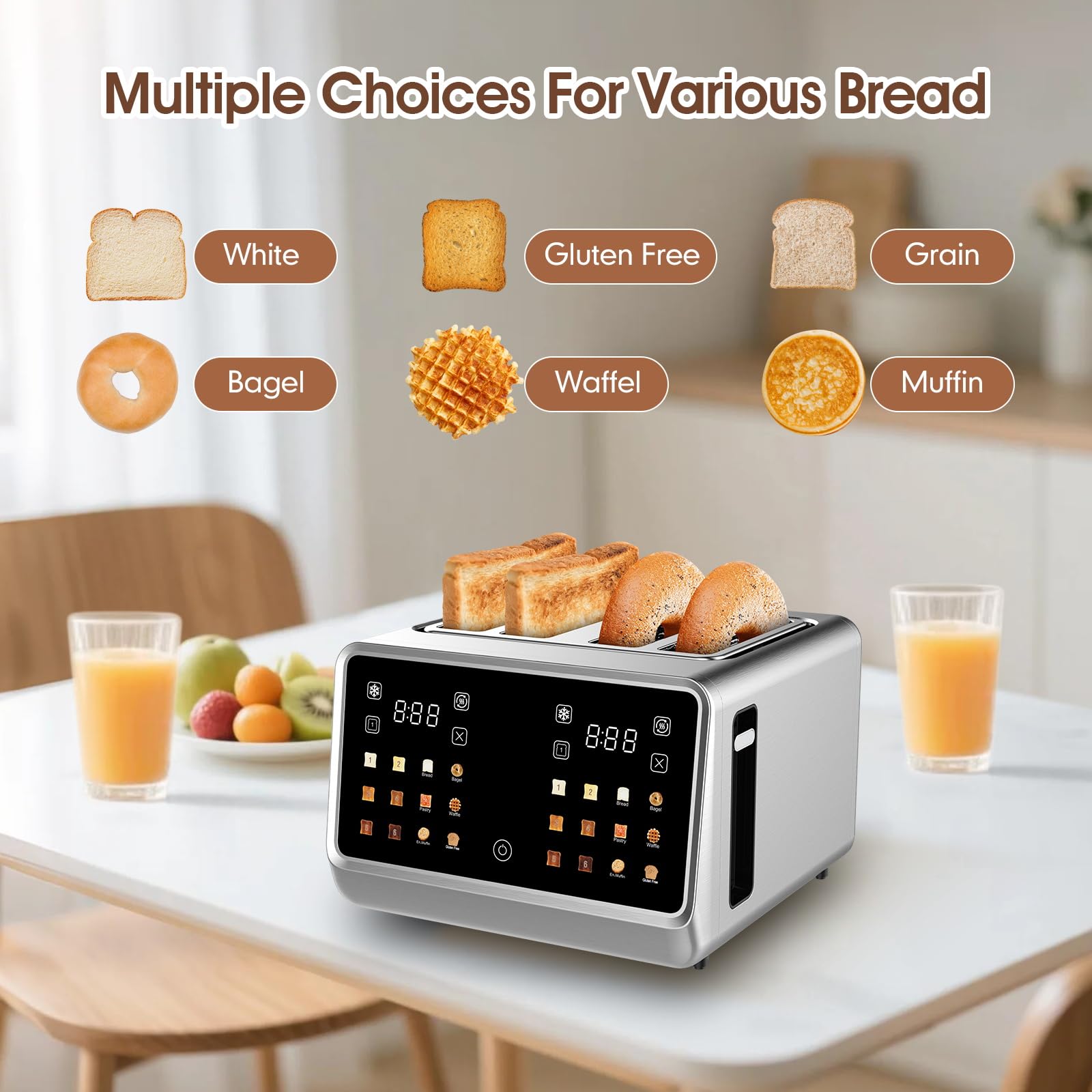 Dear Morning Toaster with extra-wide slots accommodates thick slices or bagels.