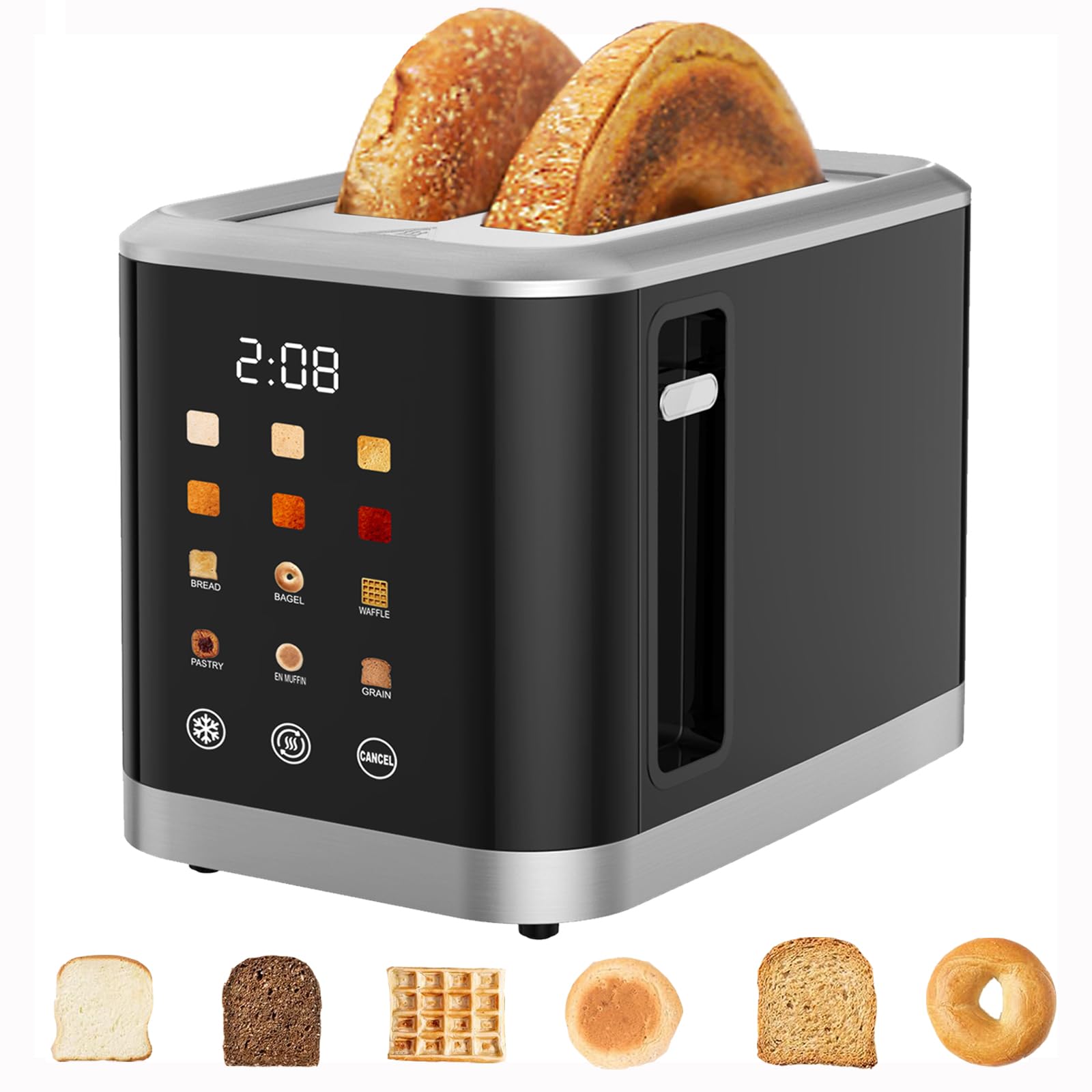 Dear Morning touchscreen toaster 2-slice front view for intuitive control and browning.