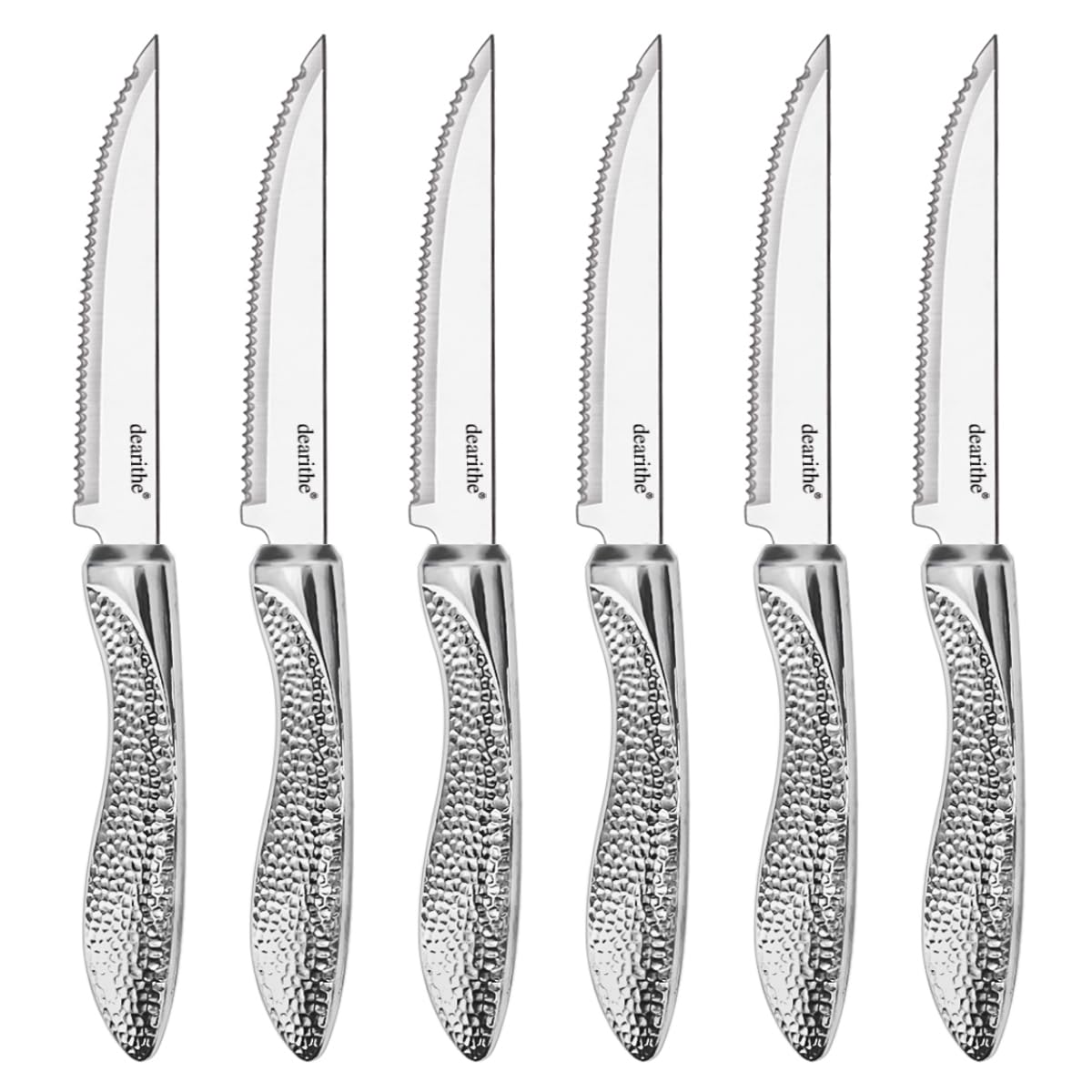 dearithe steak knives set of 6 blade close-up for clean slices.