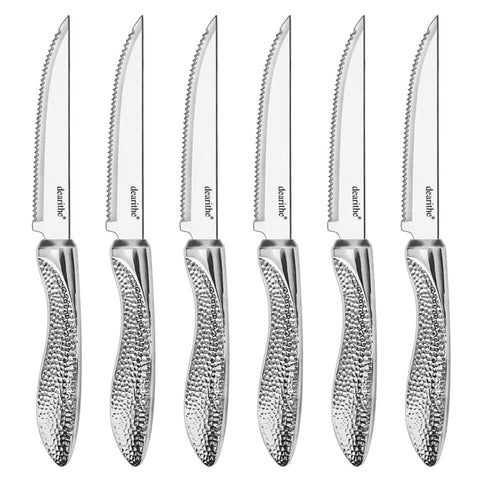 dearithe steak knives set of 6 blade close-up for clean slices.
