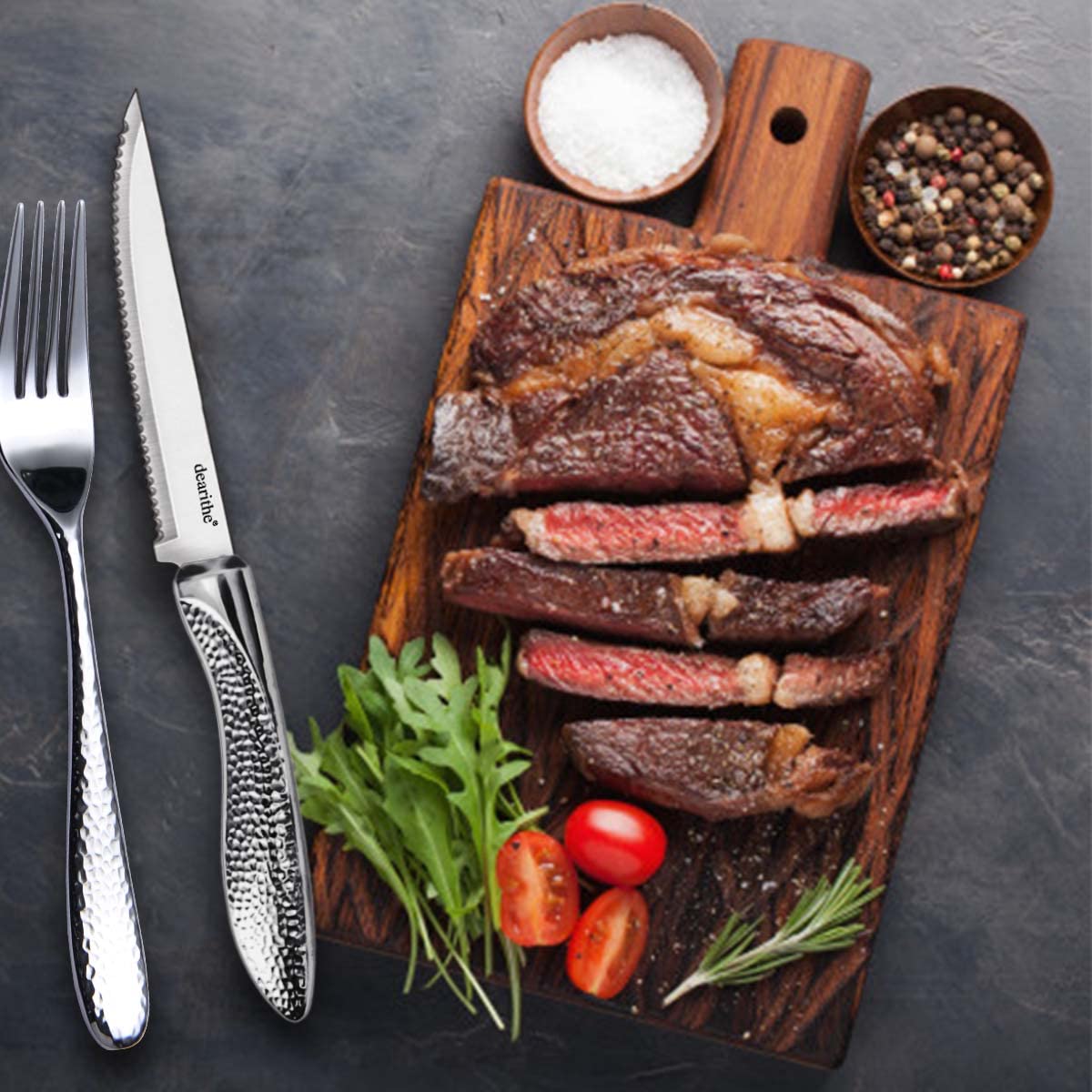 dearithe serrated blades demonstrate precision for beef and veggies.