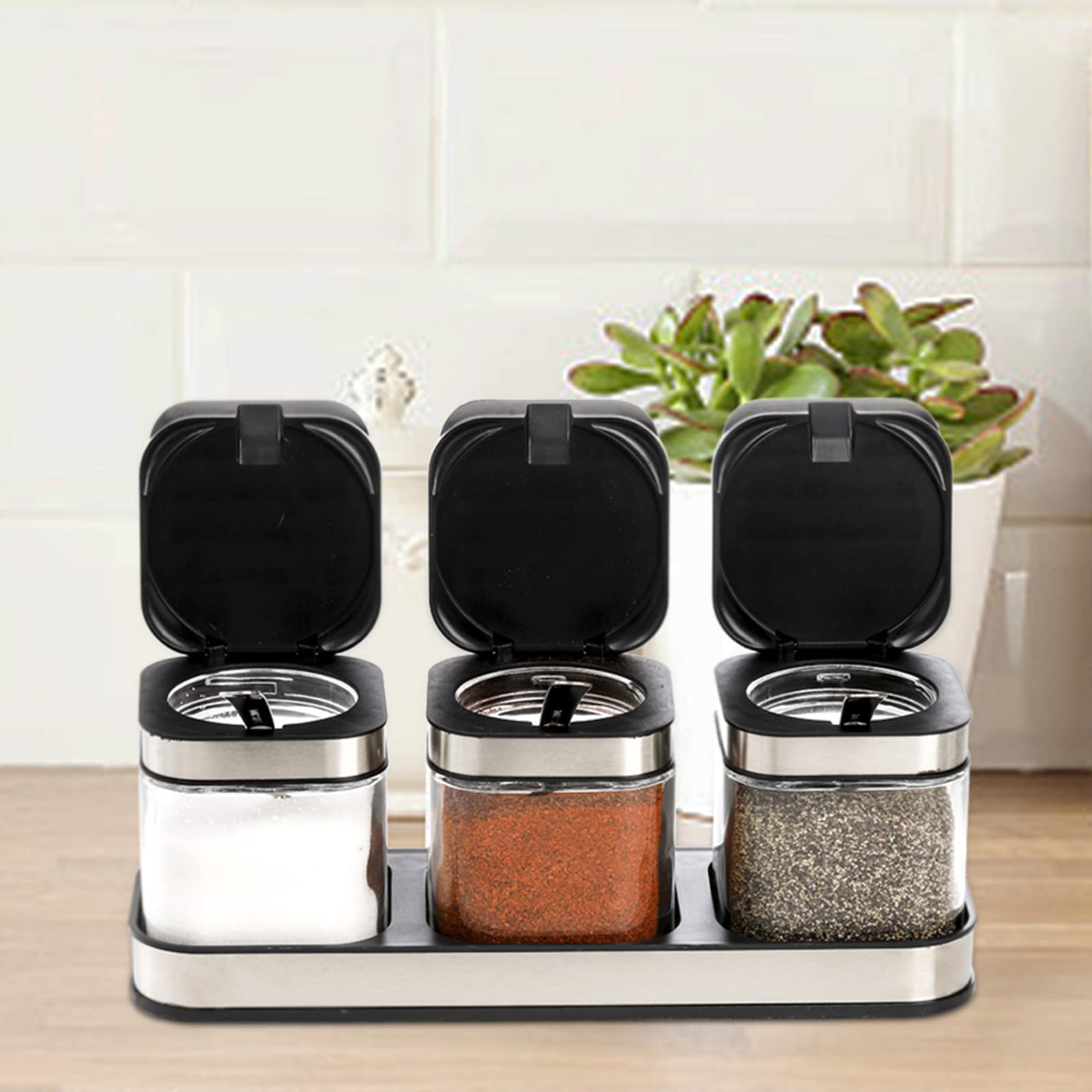 DEAYOU kitchen counter setup with glass jars adds elegant, space-saving organization.