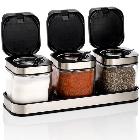 DEAYOU 3-pack glass seasoning box front view showing organized countertop spice storage.