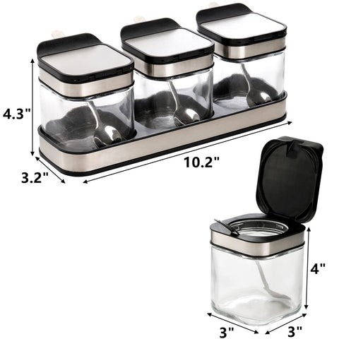 DEAYOU 3-pack glass seasoning box tray lid spoon assembly demonstrates easy access and portioning.