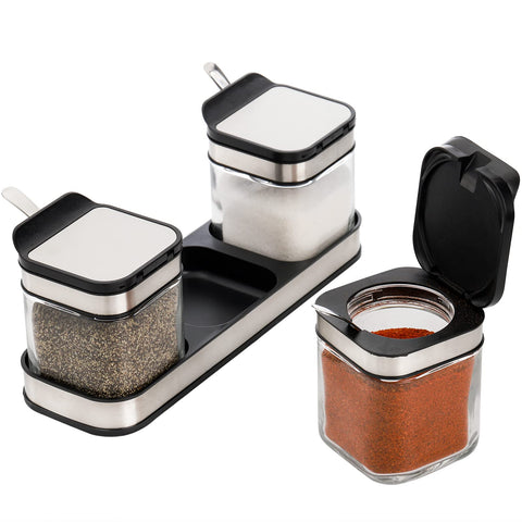 DEAYOU 3-pack glass seasoning box wide-mouth closeup facilitates quick filling and cleaning.