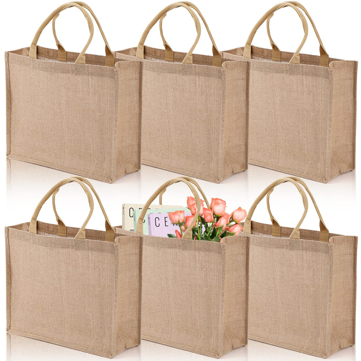 DEAYOU six-pack large jute tote bags displayed for versatile shopping and gifting