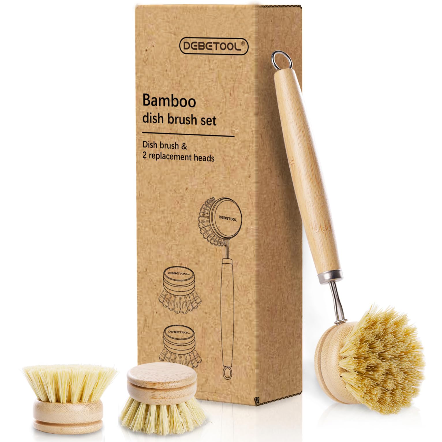 DEBETOOL Bamboo Pot Dish Brush with ergonomic handle for easy pot scrubbing.