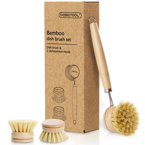 DEBETOOL Bamboo Pot Dish Brush with ergonomic handle for easy pot scrubbing.