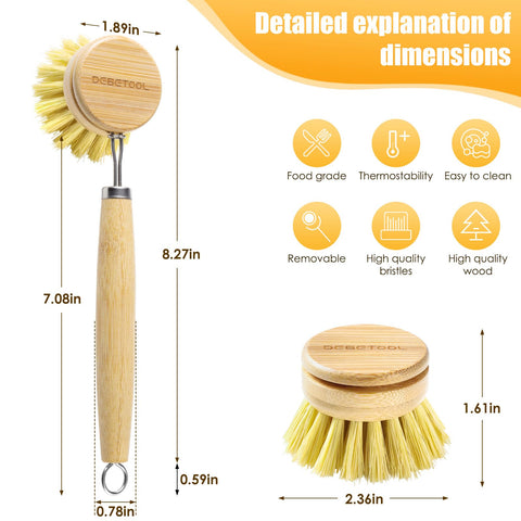 DEBETOOL Bamboo Pot Dish Brush features natural sisal bristles for tough grime.