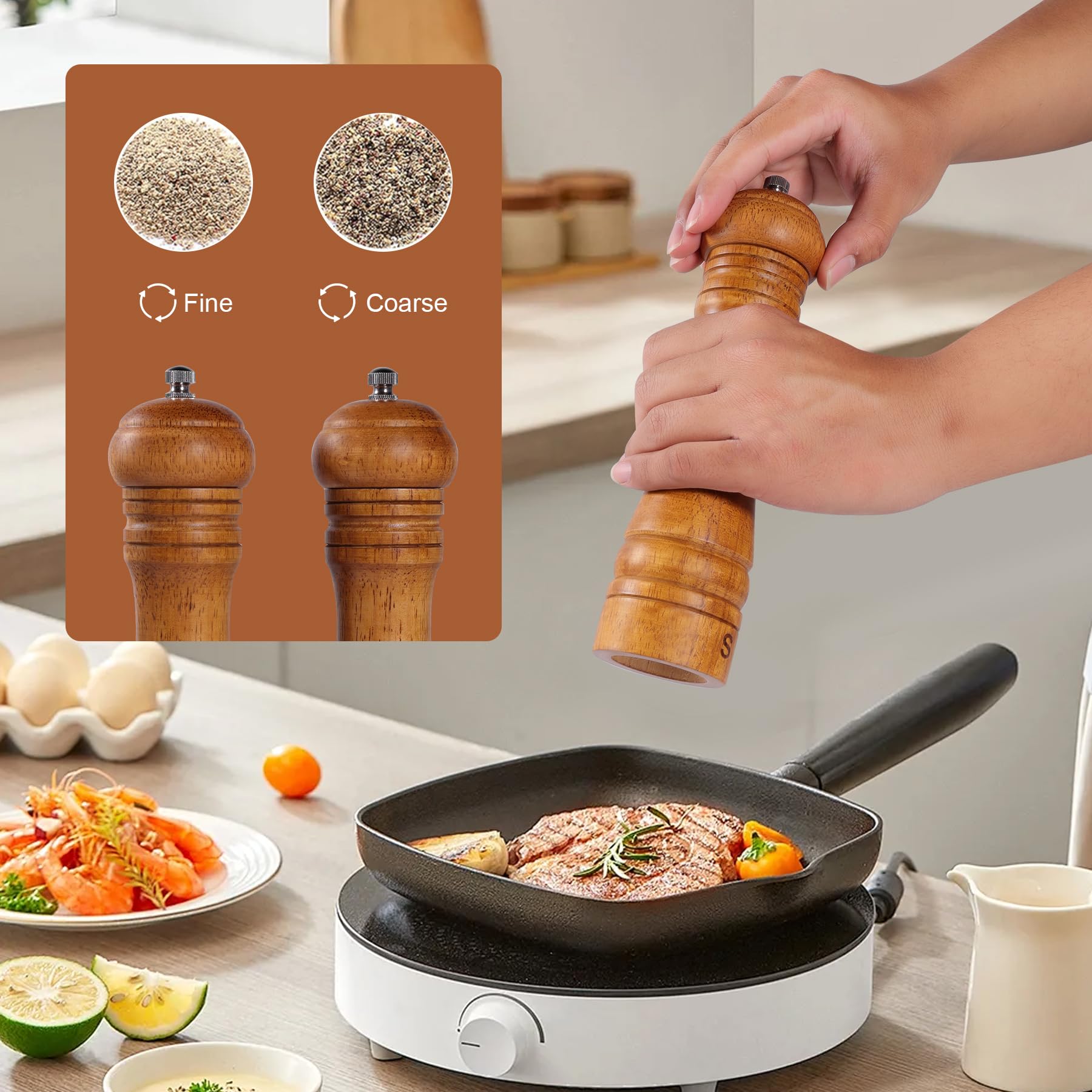 DEBETOOL oak pepper mill in action delivering bold cracks for flavorful meals.