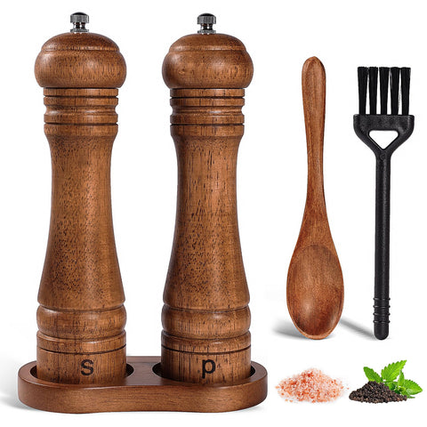 DEBETOOL oak salt and pepper grinders with stand showcased for easy access.