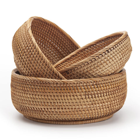 DECRAFTS round rattan fruit basket large on kitchen counter for organized fruit display.