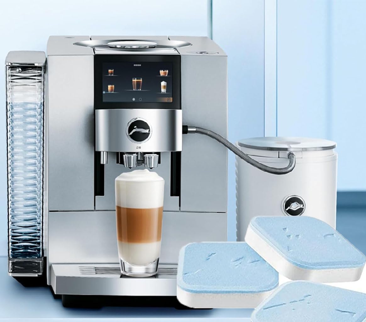 Decalcifying tablets dissolving in water to remove mineral buildup and restore flavor.