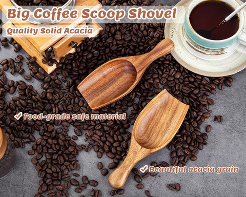 Decent Vrvege acacia wood scoop with smooth surface prevents spills during transfer.