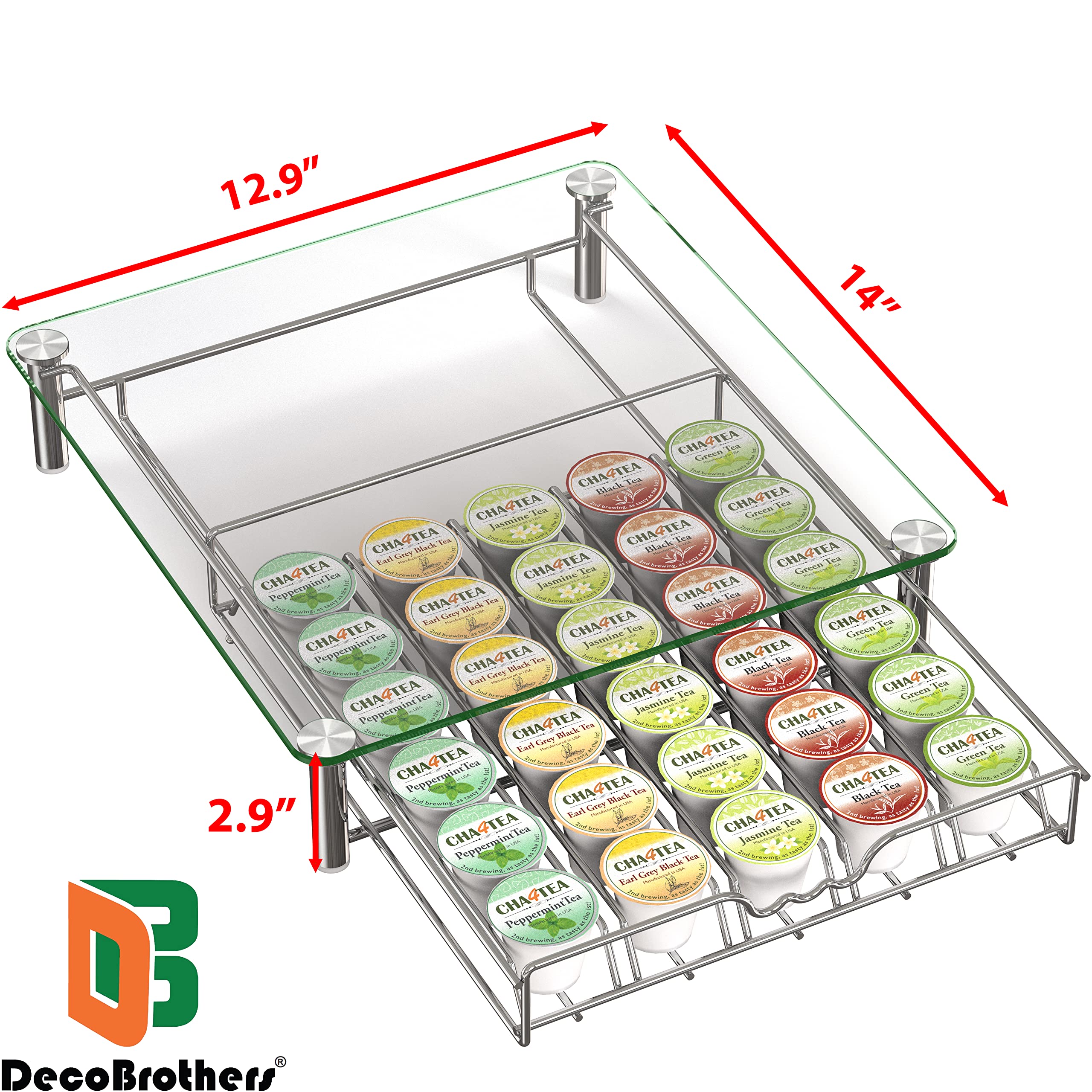 Chrome finish K-Cup drawer shows 30-pod capacity in a tidy setup.