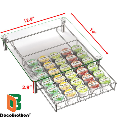 Chrome finish K-Cup drawer shows 30-pod capacity in a tidy setup.