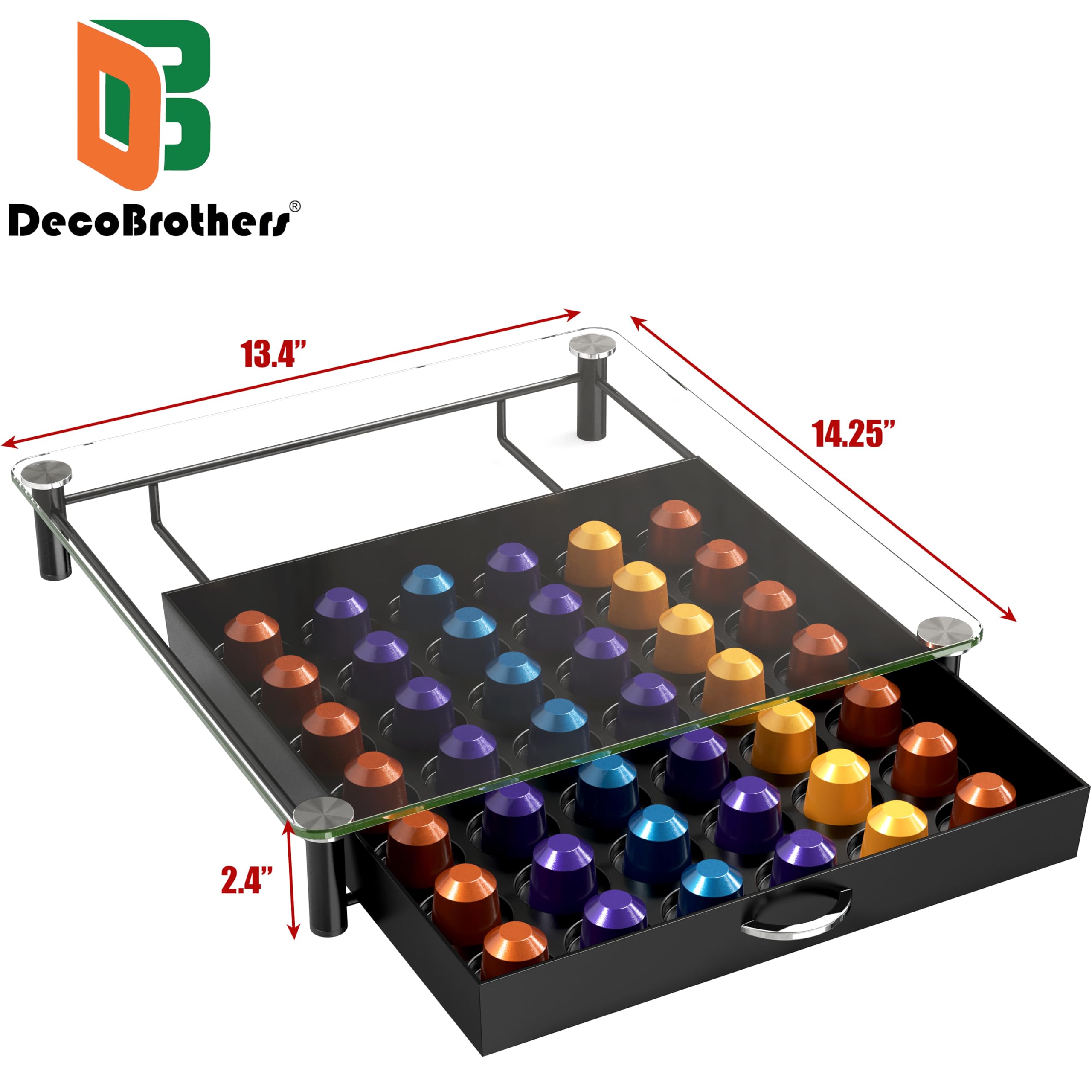 Deco Brothers 42-pod capacity keeps capsules organized and accessible.