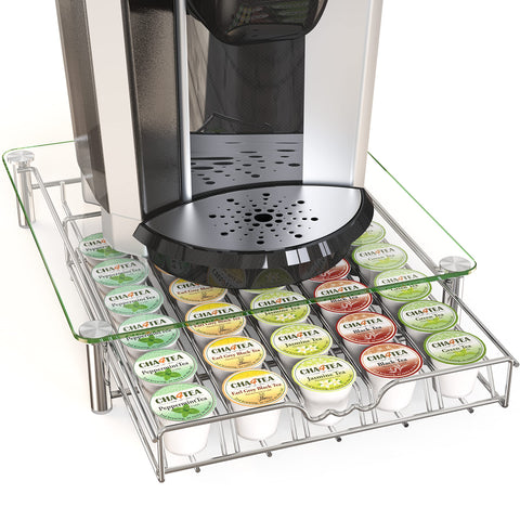 Deco Brothers crystal glass K-Cup drawer with 30-pod capacity for neat organization.