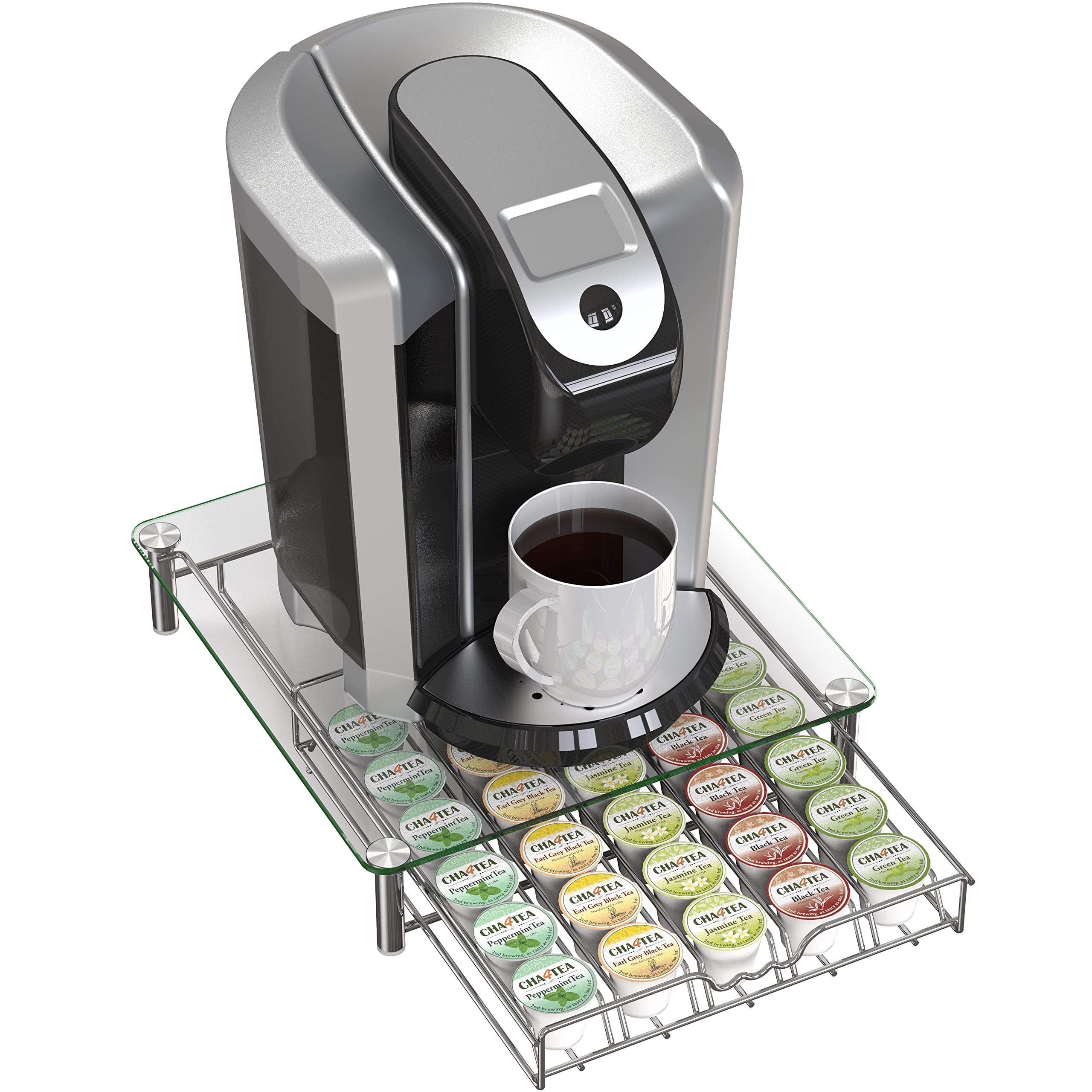 Smooth sliding drawer of Deco Brothers K-Cup organizer in use.