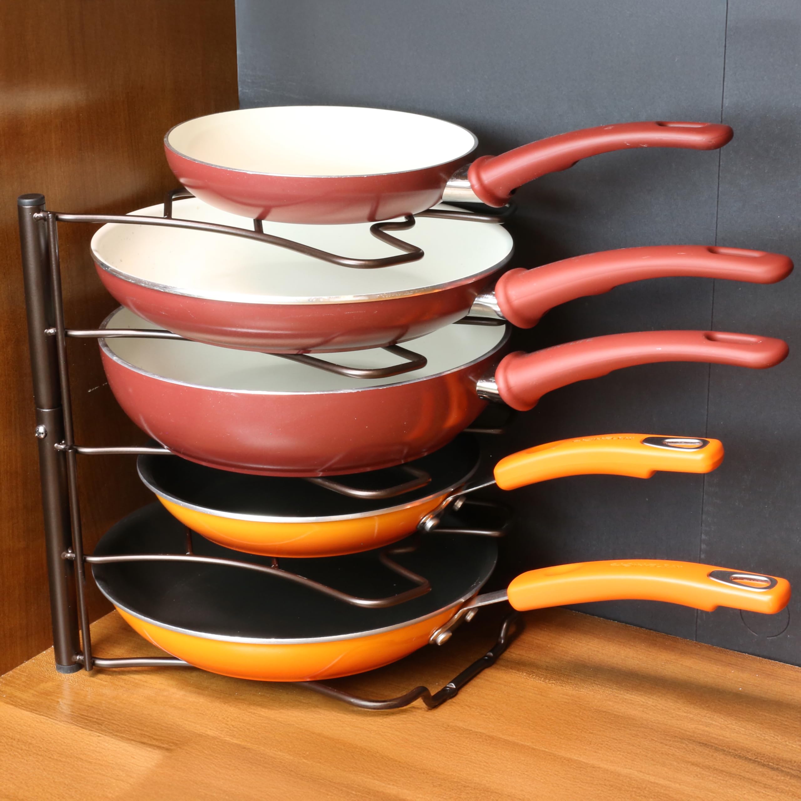 Deco Brothers pan lid organizer keeps lids accessible and organized for quick cooking prep.