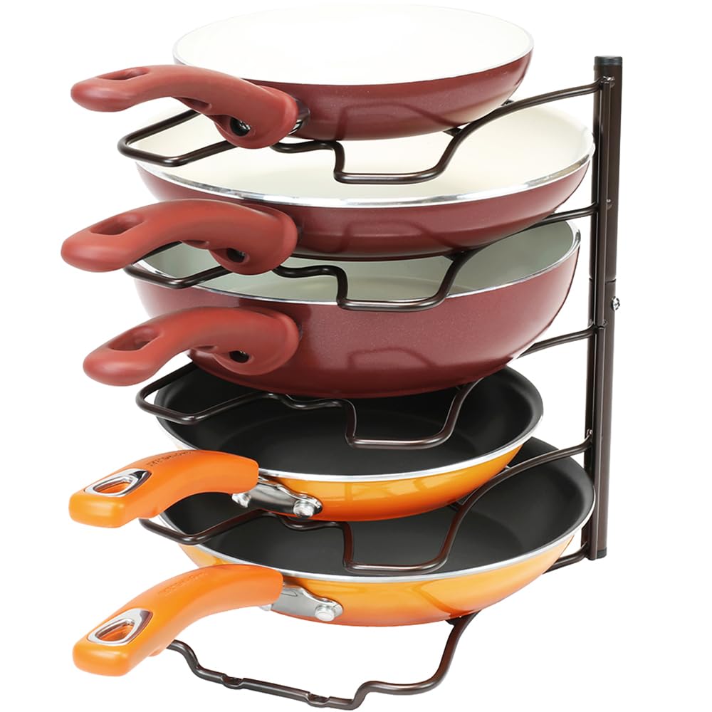 Deco Brothers pan organizer rack keeps up to five pans neatly organized, saving cabinet space.