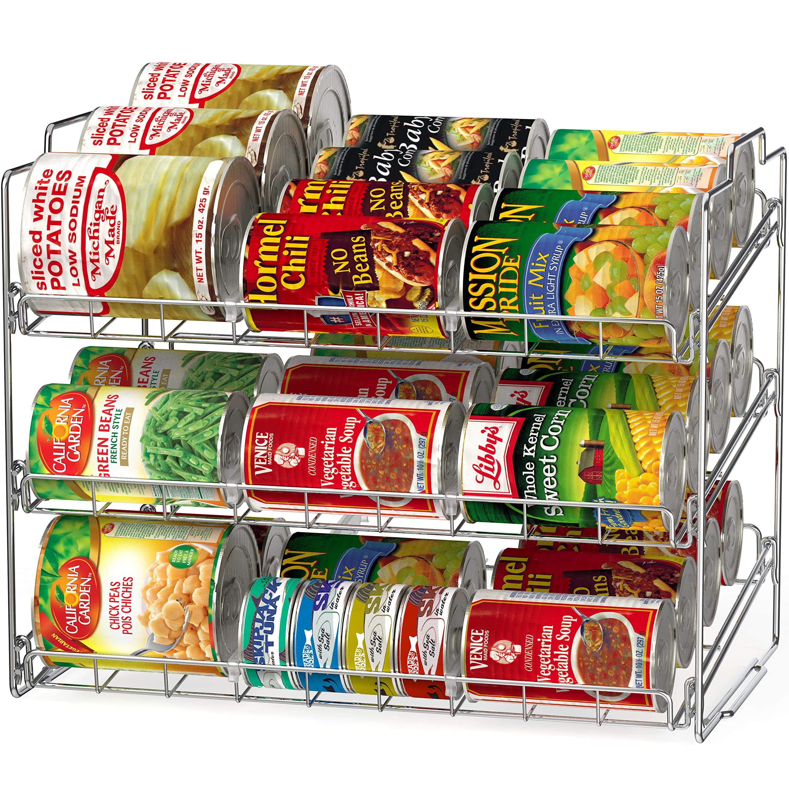 Deco Brothers stackable can rack, chrome side view, maximizing pantry space and organizing canned goods.