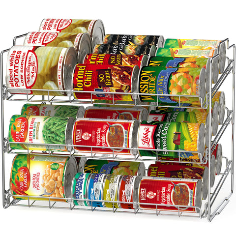 Deco Brothers stackable can rack, chrome side view, maximizing pantry space and organizing canned goods.