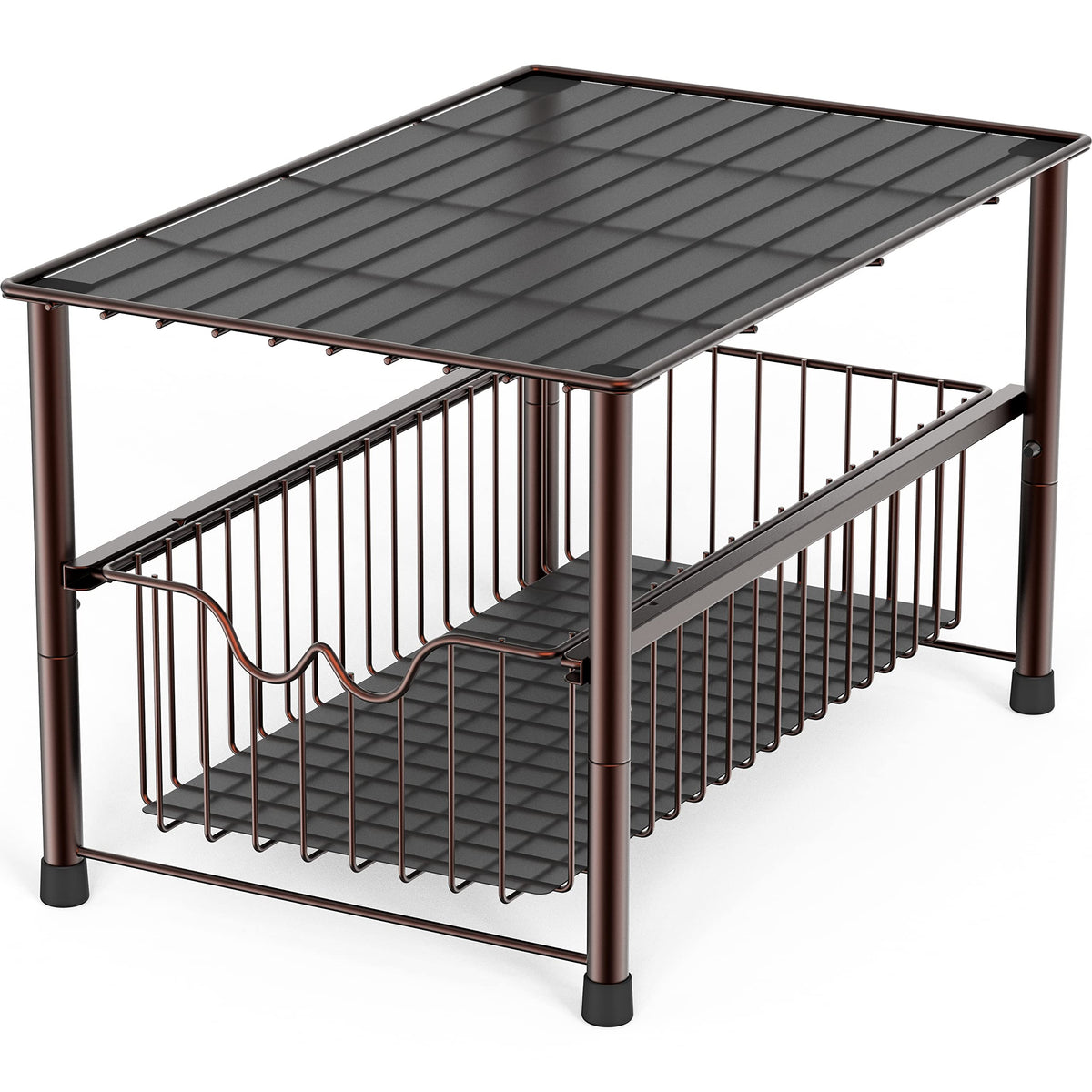 Deco Brothers stackable under-sink organizer with bronze sliding basket for easy access